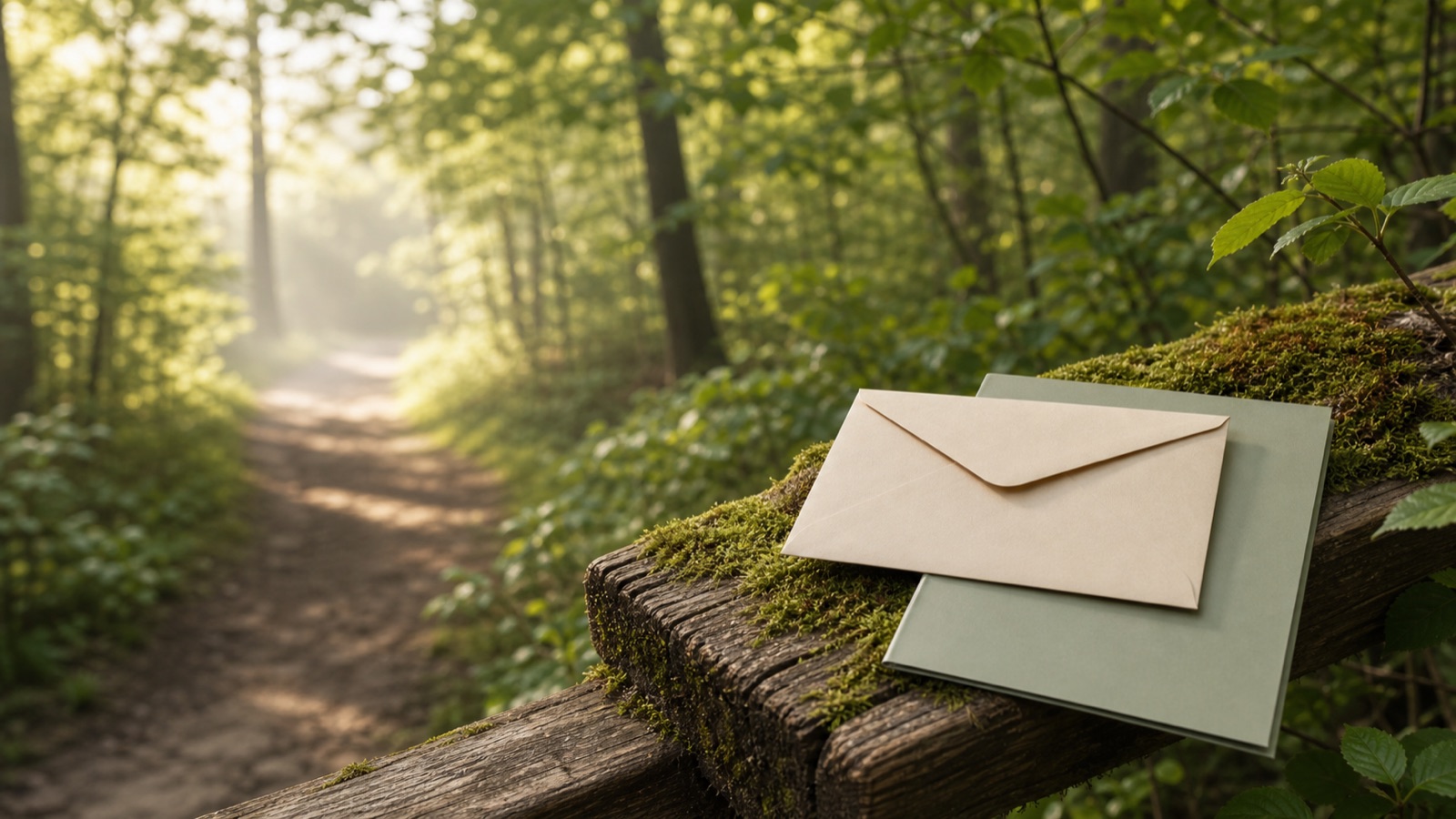 Forest path with a neutral envelope as a positive symbol for reimbursement